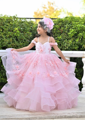 Cold Shoulder Pink Beaded Lace Layered Tulle Flower Girl Dress